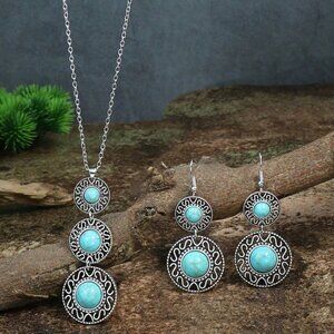 3 PCS Set Turquoise Decor Necklace and Earrings Jewelry Set